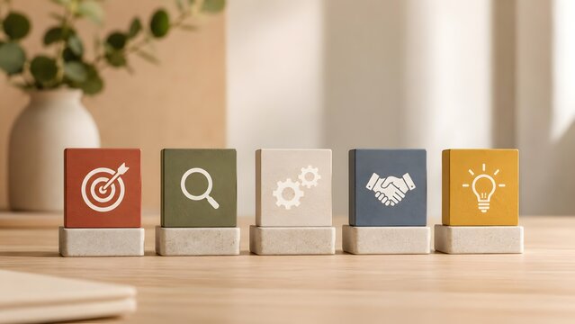 Business Strategy Icons On Wooden Blocks With Plant In Interior Background