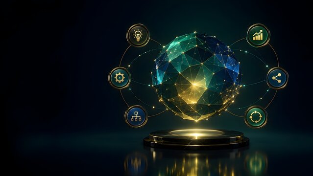Futuristic Digital Globe Sphere With Glowing Network Nodes And Management Icons