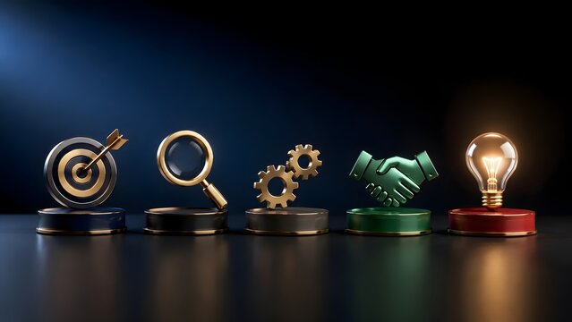 Business Strategy Icons On Podiums With Glowing Lightbulb In Dark Background