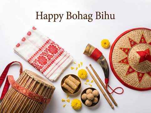 Happy Bohag Bihu Traditional Assamese Festival Celebration with Bihu Drum, Gamosa, Traditional Food, Xorai and Cultural Accessories