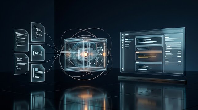 Futuristic digital data processing cube with api documentation and code interface visualization for software development and automated cloud computing infrastructure technology concept