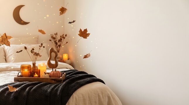 Cozy autumn bedroom with a wooden tray of candles and dried flowers on a soft warm bed