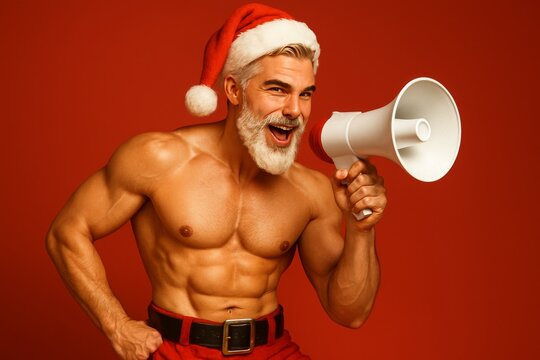 Portrait of a Man in Santa Hat with Megaphone on a Red Background