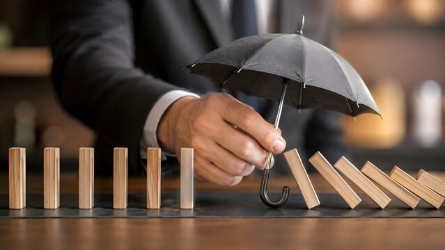 Business Hand Stopping Falling Wooden Domino Blocks With Umbrella Symbol