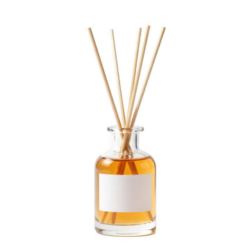 Aromatic reed diffuser in a glass bottle with essential oil and blank label