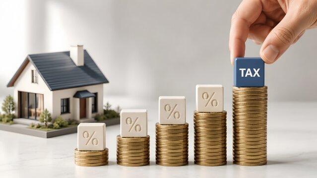 Hand Placing Tax Cube On Coin Stacks With House Model Representing Real Estate Taxation