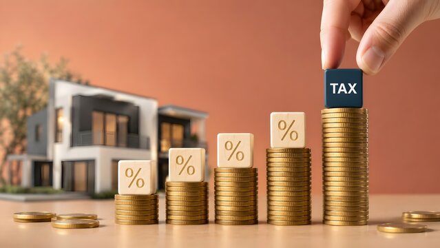 Hand Placing Tax Cube On Gold Coin Stacks With Modern House Model Background