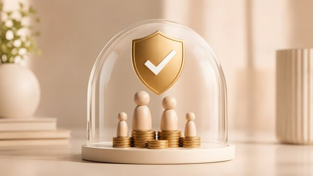 Gold Shield And Wooden Family Figures Protected Under Glass Dome Wealth Insurance