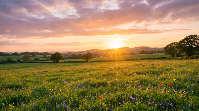 Beautiful Spring Meadow and Rolling Hills at Golden Sunset