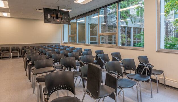Empty lecture classroom inside the Isbister Building, University of Manitoba