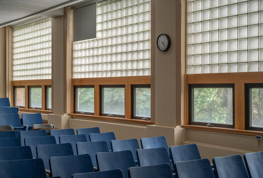 Glass block window wall above lecture theatre seating, Isbister Building