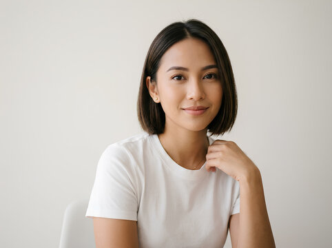 Portrait of a confident smiling young Asian woman in a white tshirt