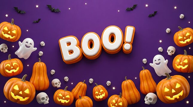 Festive halloween background featuring carved orange pumpkins and cute ghosts surrounding the word boo on a dark purple surface