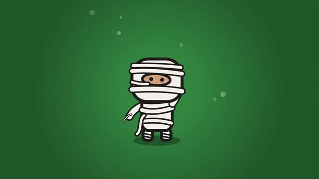 Cute cartoon mummy character jumping on green background for Halloween, looped vector animation
