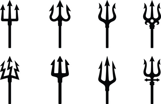 Collection of trident silhouette vector illustrations in various styles for mythology graphic design and creative projects