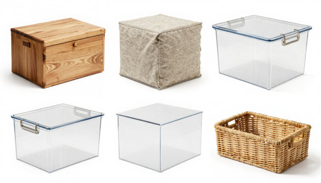 Set of various home storage containers, wooden boxes, plastic bins and woven baskets.