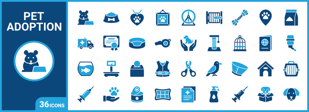 Pet adoption two-tone icon set. Filled glyph pictograms of shelter, veterinary, animal, and puppy care elements, blue duotone illustration.