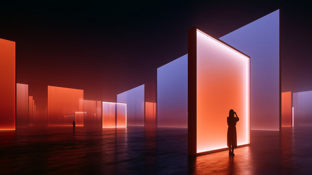 Minimal futuristic art installation with illuminated translucent panels arranged across a dark reflective space, featuring a silhouetted visitor and atmospheric orange and violet lighting