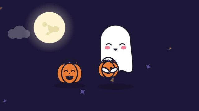 Cute cartoon ghost and pumpkin candy buckets under the full moon at night, Halloween concept flat animation.