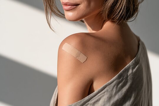 Young woman with a medical bandage patch on her shoulder after vaccination shot, close-up.