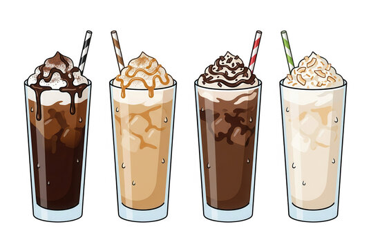 Conjunto de ilustra&ccedil;&otilde;es de caf&eacute; gelado com chantilly