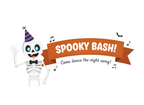 Cute cartoon skeleton character wearing a party hat with a spooky bash banner for a fun halloween celebration