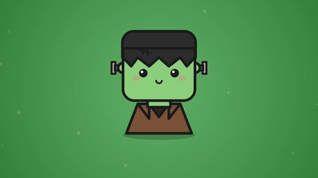 Cute cartoon Frankenstein character animation on green background. Halloween vector motion graphic.