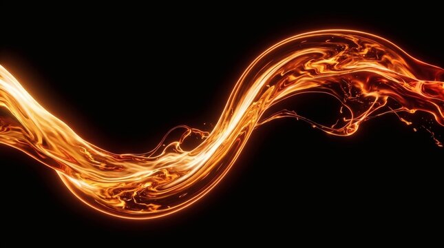 Molten liquid fire wave on black background, glowing orange lava flow splash, abstract burning fluid motion for cinematic design