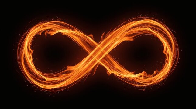 Fiery infinity symbol on black background, glowing orange fire loop icon, burning eternal flame sign, abstract heat and energy concept