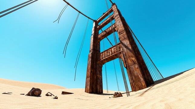 Rusted bridge tower buried in desert sand dunes with broken cables, symbolizing environmental decay and post-apocalyptic future.