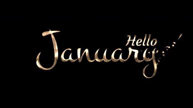 Gold cursive hello january text with bright sparkles on a black background is suitable for festive winter designs. Elegant and versatile for various projects.