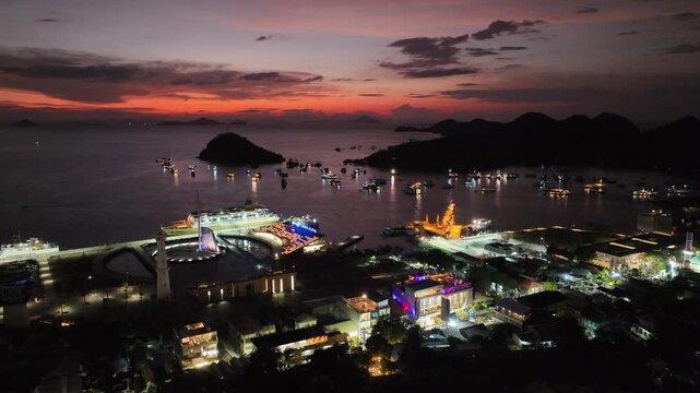 Aerial view of the cityscape ofKomodo Labuan Bajo city at dusk, Indonesia