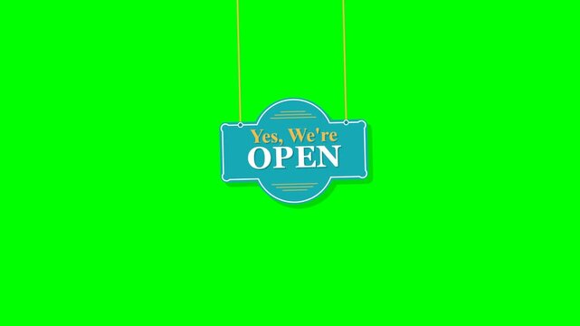Retro blue hanging open sign graphic with Yes We Are Open text on green screen background