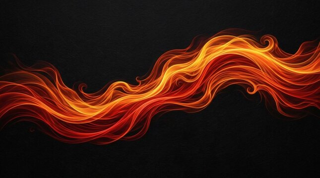 Abstract fire wave on black background, glowing orange flame swirls, cinematic heat energy trails, vibrant burning smoke effect for creative design