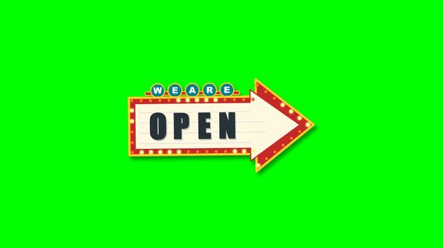 Retro marquee arrow sign saying we are open on a green screen background