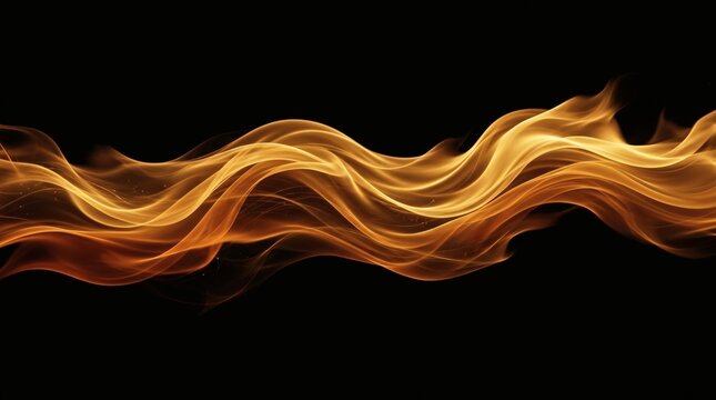 Dynamic fire wave on black background, flowing golden flame trail, abstract glowing heat energy motion, cinematic orange fire smoke texture