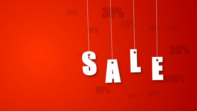 Discount hanging tags spelling SALE on red background with percent off values