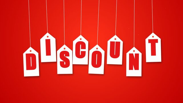 White hanging price tags spelling discount word on red background retail sale promotional banner