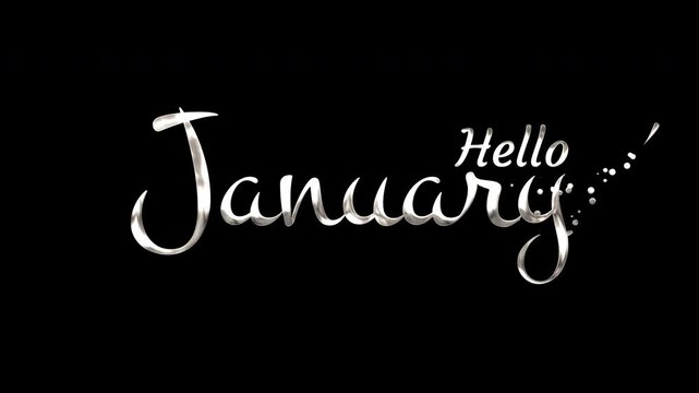 Silver cursive calligraphy text hello january white letters black background holiday season design. Suitable for seasonal greeting cards, invitations, social media posts.