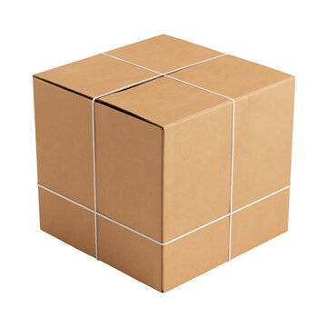 Cardboard box tied with white string isolated on white background