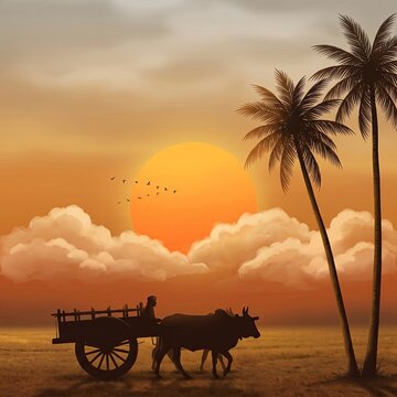 Silhouette of a farmer driving a traditional bullock cart through a rural field during a scenic golden sunset with palm trees