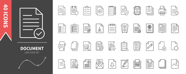 Document icon set. Minimal outline symbols for file management, paperwork, clipboard, certificates, checklists, reports, printing, and office documentation. Vector illustration.