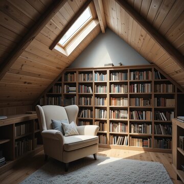 Attic room corner with sloping wooden ceilings, plush armchair, floor-to-ceiling bookshelf, sunbeam filtering through skylight