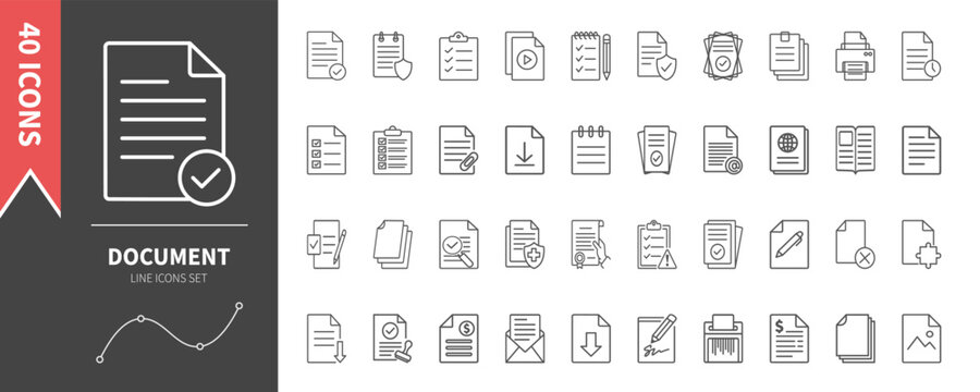 Document icon set. Minimal outline symbols for file management, paperwork, clipboard, certificates, checklists, reports, printing, and office documentation. Vector illustration.
