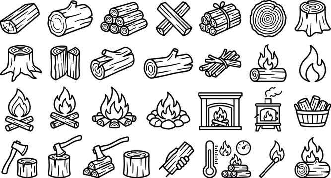 Firewood logs and campfire line icon set vector with timber stumps outdoor camping bonfires and fireplace heating elements