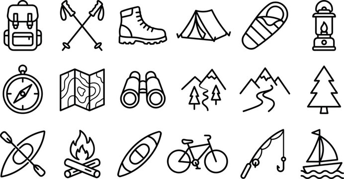 Hiking and outdoor camping travel line icon pack vector with tourist backpack mountains tent campfires and recreation symbols