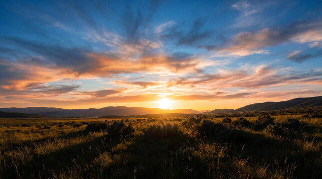 Golden Sunset Behind Rolling Hills with Dramatic Colorful Sky