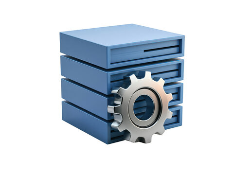 Blue database server icon with a metallic gear representing data management and optimization.