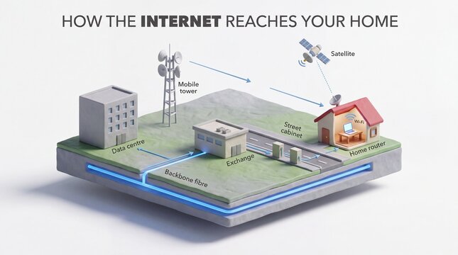 Isometric 3D diagram showing how the internet reaches a home through backbone fibre, an exchange, street cabinets, a mobile tower, satellite and router
