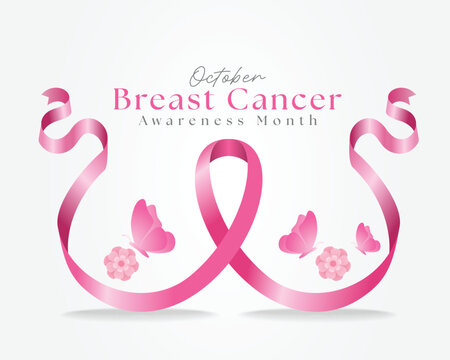 Breast cancer awareness month - Pink ribbon awareness roll to breast shape with flower and butterfly vector design